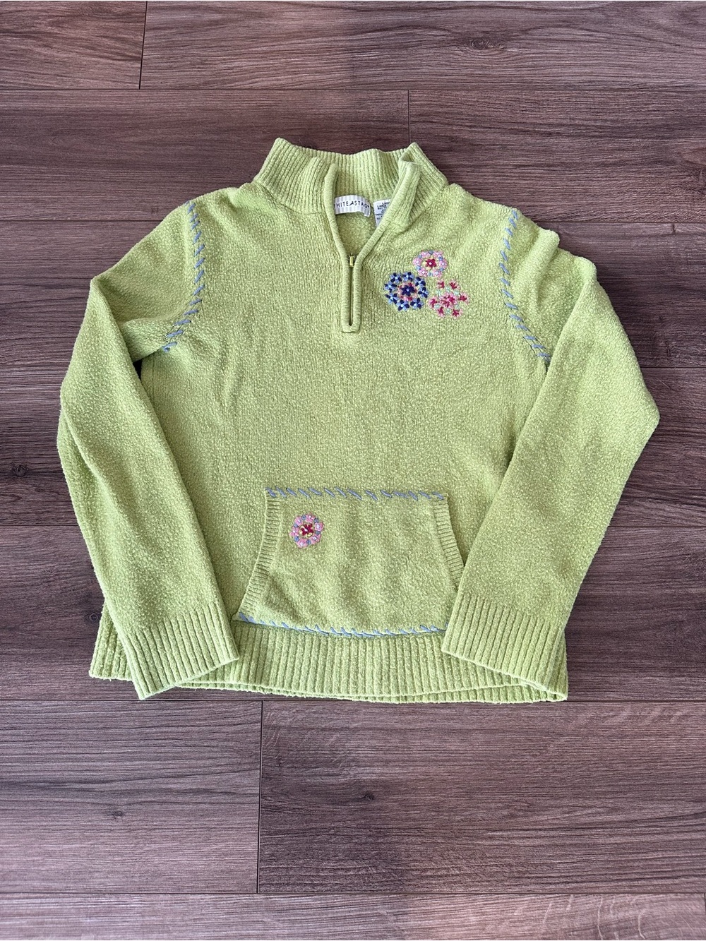 White Stag Lime Green Quarter-Zip Knit Sweater with Floral Embroidery
